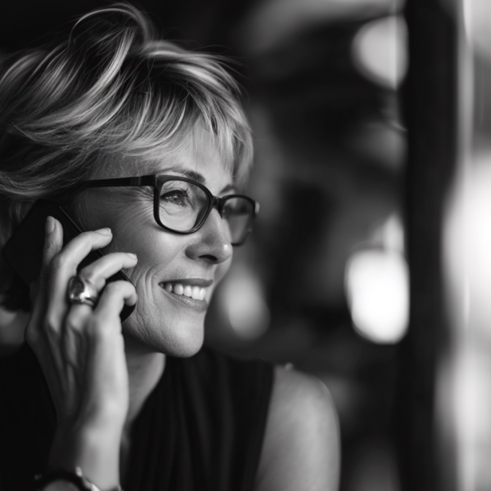 Femme à lunettes au téléphone, souriante