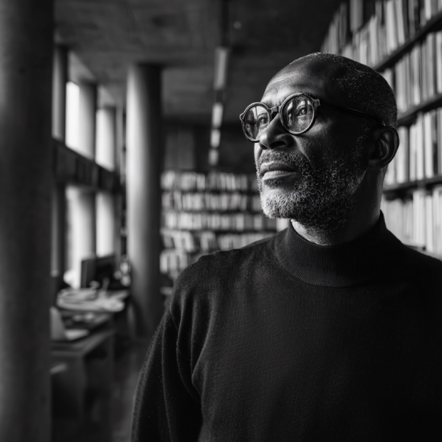 Homme à lunettes lisant dans une bibliothèque