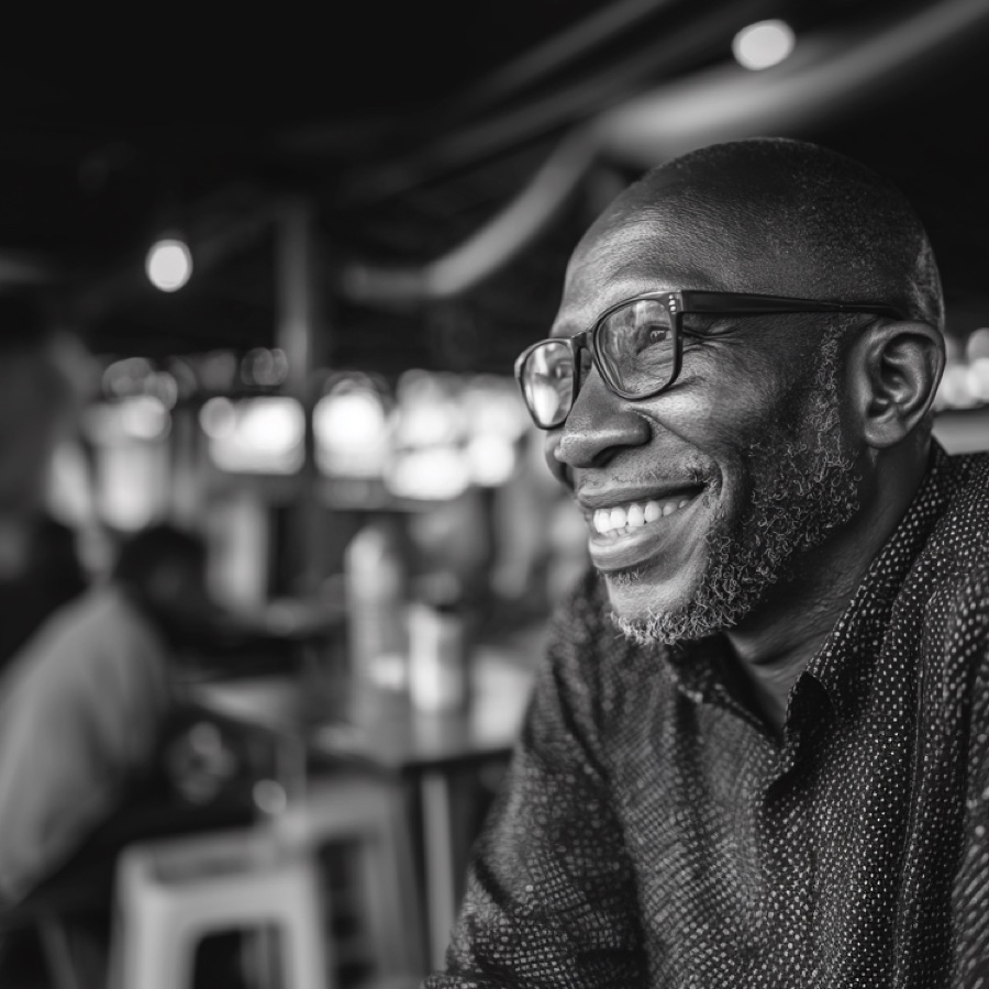 Homme souriant portant des lunettes