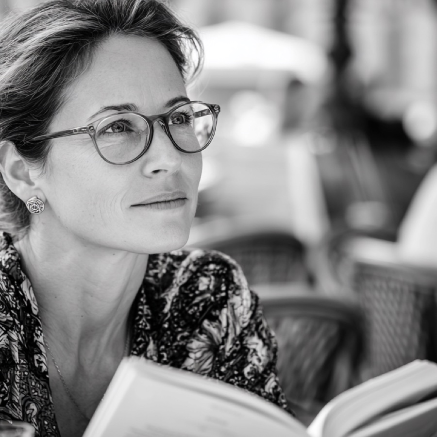 Femme à lunettes lisant en terrasse